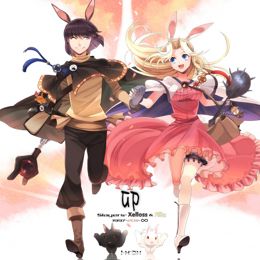 1boy animal_ears blonde_hair blue_eyes boots bridal_garter charm_(object) chinese_commentary commentary_request female filia_ul_copt highres holding_hands infinity_symbol knee_boots long_hair lyxu mace one_eye_closed photoshop_(medium) rabbit rabbit_ears running slayers slayers_try spiked_mace spikes staff weapon xelloss