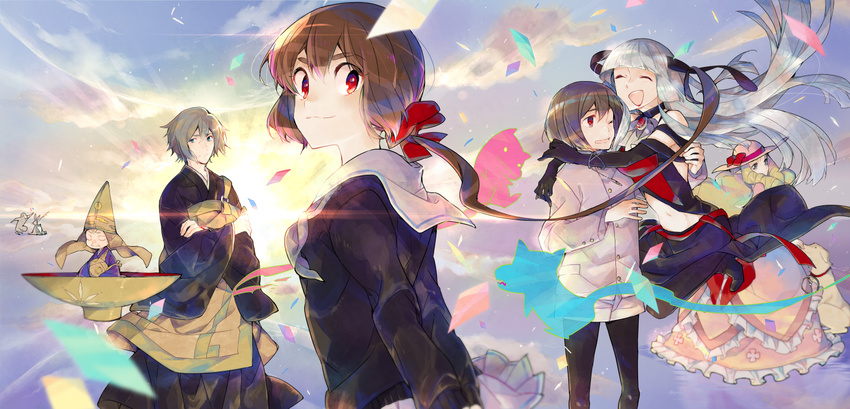 a_(kyousougiga) bow brown_hair commentary_request hairbow hami_(lvct) inari_(kyousougiga) koto_(kyousougiga) kurama_(kyousougiga) kyousougiga lady_koto long_hair multiple_boys multiple_girls myoue ponytail red_eyes school_uniform serafuku short_hair smile un_(kyousougiga) yase