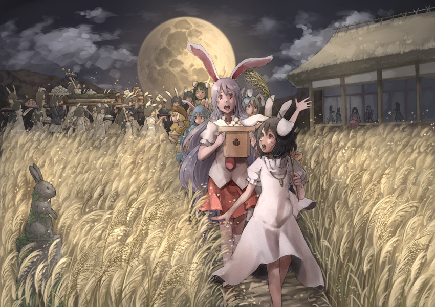 6+girls animal_ears architecture black_hair blonde_hair blue_hair cabbie_hat carrying cloud commentary dango dark dress east_asian_architecture facial_mark festival field floppy_ears food full_moon happy hat houraisan_kaguya house inaba_mob_(touhou) inaba_tewi jewelry long_hair looking_back moon multiple_girls nagi_(xx001122) necklace night night_sky open_mouth outdoors parade puffy_short_sleeves puffy_sleeves purple_hair rabbit rabbit_ears red_eyes reisen_udongein_inaba ringo_(touhou) sanbou scenery seiran_(touhou) short_hair short_sleeves silhouette sitting sky statue susuki_grass thatched_roof touhou tsukimi tsukimi_dango wagashi walking wheat wheat_field white_dress yagokoro_eirin