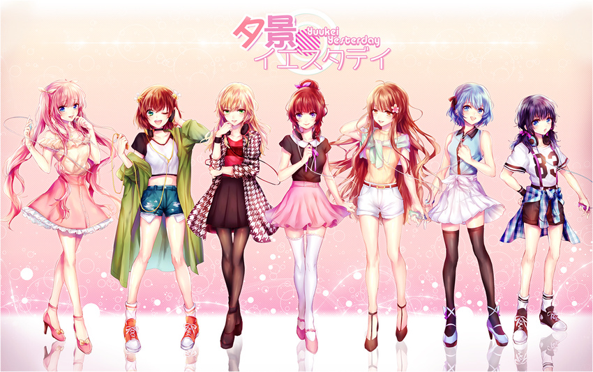 6+girls bad_deviantart_id bad_id bare_shoulders black_legwear blue_hair brown_hair chain. character_request clothes_around_waist commentary dress earphones english_commentary full_body green_eyes hair_ribbon harukatsune headphones headphones_around_neck high_heels indie_utaite jacket jacket_around_waist long_hair looking_at_viewer midriff multiple_girls one_eye_closed open_clothes open_jacket open_mouth pantyhose pink_dress pink_hair ponytail purple_hair red_ribbon ribbon roo_(utaite) rurumi_(utaite) saku_(utaite) short_hair shorts skirt sleeveless smile soramin strappy_heels thighhighs utaite white_legwear yuli_(yulipo) yuukei_yesterday_(vocaloid)