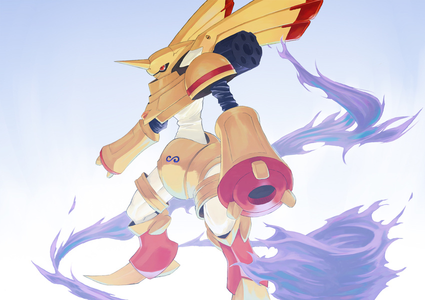 commentary digimon digimon_(creature) digimon_adventure_02 horns mecha monster no_humans photoshop_(medium) rapidmon rapidmon_(armor) red_eyes robot sasasi single_horn