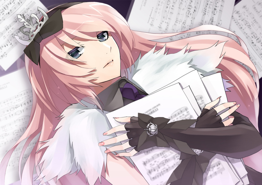 blue_eyes bow fingerless_gloves gloves hair_ornament hair_ribbon hairbow hijikini long_hair lying megurine_luka nail_polish on_back pink_hair ribbon sheet_music solo vocaloid