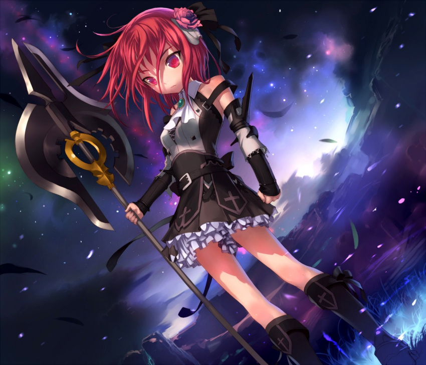 axe detached_sleeves long_legs original red_eyes red_hair short_hair uni weapon