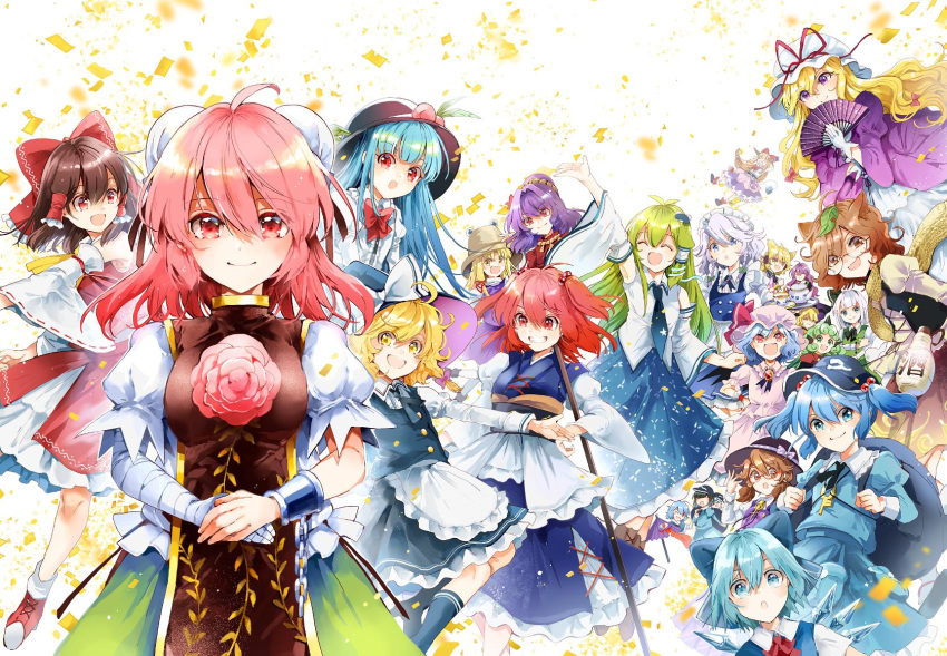 6+girls ^_^ antenna_hair apron arm_up armpits azuma_aya bandaged_arm bandages blonde_hair blue_bow blue_eyes blue_hair blue_skirt bottle bow bowtie braid brooch brown_hair bun_cover chains cirno closed_eyes commentary_request confetti cuffs cup curly_hair dark_haired_kappa detached_sleeves double_bun flower folding_fan food frog_hair_ornament fruit futatsuiwa_mamizou glasses green_hair green_skirt grey_hair hair_bobbles hair_bun hair_ornament hair_ribbon hair_tubes hairbow hakurei_reimu hand_fan hands_on_own_hips hat hat_bow hat_ribbon highres hijiri_byakuren hinanawi_tenshi horns ibaraki_kasen ibuki_suika ice ice_wings izayoi_sakuya jewelry juliet_sleeves kappa_mob_(touhou) karakasa_obake kawashiro_nitori kirisame_marisa kochiya_sanae komano_aunn konpaku_youmu konpaku_youmu_(ghost) leaf leaf_on_head light_smile long_sleeves looking_at_viewer maid_headdress matara_okina mob_cap moriya_suwako multiple_girls neck_ribbon necktie oerba_yun_fang official_art one_eye_closed onozuka_komachi open_mouth peach petticoat pink_eyes pink_flower pink_hair pink_rose pointy_hair puffy_sleeves purple_eyes purple_hair red_bow red_eyes red_hair red_ribbon remilia_scarlet ribbon rose round_eyewear sake_bottle shackles shoes short_sleeves single_horn skirt smile snake_hair_ornament socks tabard tatara_kogasa tea teacup teapot touhou toyosatomimi_no_miko tress_ribbon twin_braids two_side_up umbrella usami_sumireko waist_apron white_bow wild_and_horned_hermit wings witch_hat yakumo_yukari yasaka_kanako yellow_eyes