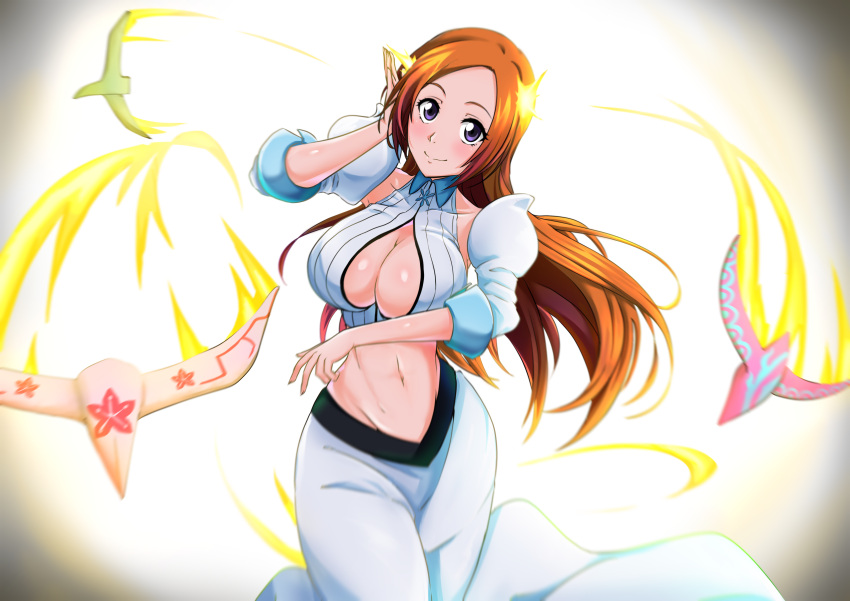 absurdres baigon_(bleach) bleach bleach:_sennen_kessen-hen blush breasts cleavage cleavage_cutout clothing_cutout collarbone detached_sleeves english_commentary female hair_ornament hairclip highres inoue_orihime large_breasts lily_(bleach) long_hair looking_at_viewer midriff navel orange_hair purple_eyes shirt shun'oh_(bleach) shun_shun_rikka skirt smile solo white_shirt white_skirt white_sleeves xer_(yuaz3274)