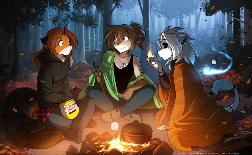 2021 4_toes adobe_photoshop_(artwork) anthro autumn backpack barefoot black_sclera brown_body brown_fur campfire camping candy canid canine chips_(food) clothed clothing colored conditional_dnp crossed_legs dessert detailed_background digital_media_(artwork) digitigrade english_text feet felid female fire food forest fox fur glowing glowing_eyes grey_body grey_fur group hair hi_res holding_object hoodie hybrid kathrin_vaughan keidran laura_(twokinds) lion mammal markings marshmallow multicolored_body multicolored_fur orange_body orange_fur outside pantherine plant ponytail quilt red_fox roasting_marshmallow shirt sitting smile spirit spots spotted_body spotted_fur tank_top text toes tom_fischbach topwear tree true_fox twokinds url white_body white_fur will-o'-the-wisp willow_wisp