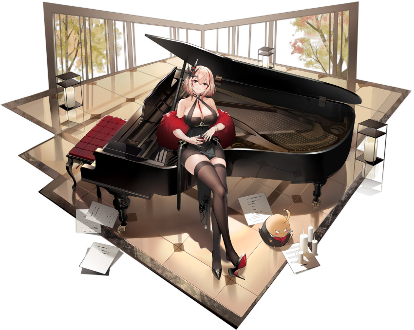 azur_lane black_footwear blonde_hair bracelet breasts brown_eyes cleavage cup dress drinking_glass feather_boa female grand_piano hair_between_eyes hair_ornament halter_dress halterneck high_heels highres holding holding_cup instrument jewelry large_breasts manjuu_(azur_lane) medium_hair multicolored_hair multiple_rings official_alternate_costume official_art parted_lips piano red_hair ring roon_(azur_lane) roon_(viridescent_lullaby)_(azur_lane) shoe_dangle short_dress sitting solo streaked_hair terras thighhighs tight_clothes tight_dress tile_floor tiles transparent_background two-tone_hair wine_glass