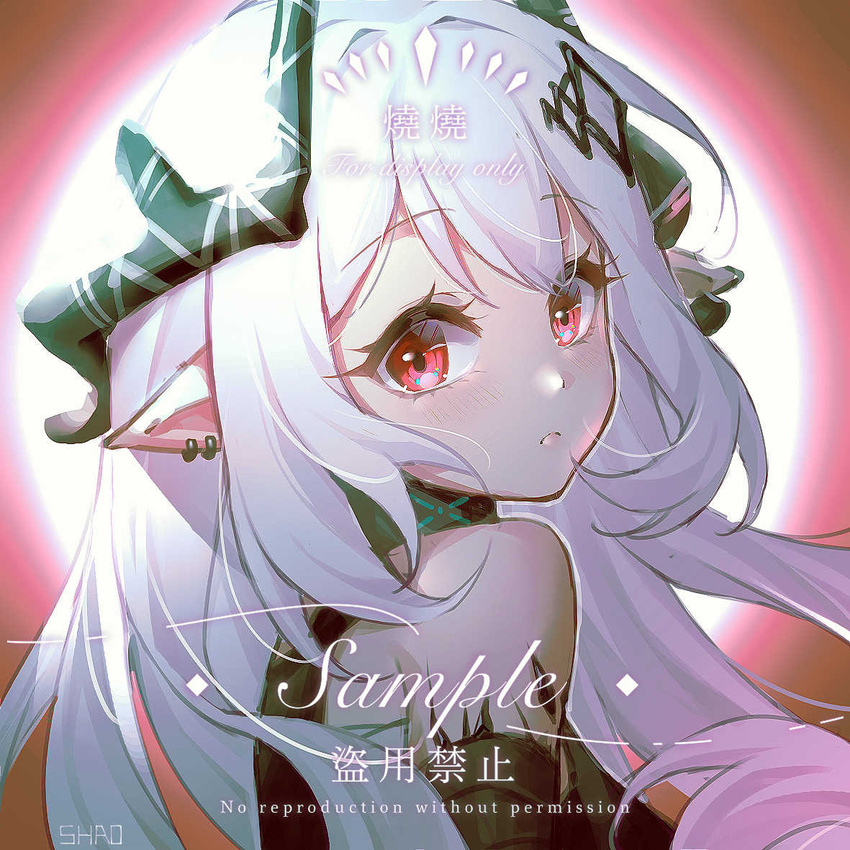 arknights bare_shoulders black_choker choker female horns infection_monitor_(arknights) long_hair material_growth mudrock_(arknights) oripathy_lesion_(arknights) pointy_ears red_eyes shao_(shaorouhong) solo upper_body white_hair