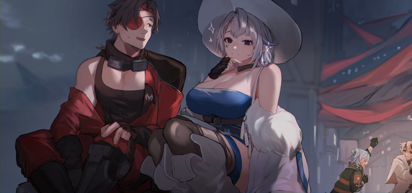 2boys 2girls alchemy_stars arm_up azure_(alchemy_stars) bare_shoulders black_choker black_gloves black_tank_top blue_dress blue_hair breasts choker cleavage commentary_request dress eyepatch facial_mark fingerless_gloves gloves goggles goggles_around_neck grey_hair grin highres jacket jumpsuit large_breasts looking_at_viewer multicolored_hair multiple_boys multiple_girls navigator_(alchemy_stars) night night_sky off_shoulder open_clothes open_jacket outdoors partial_commentary pink_hair purple_eyes roy_(alchemy_stars) sadiwosan short_hair sitting sky smile star_(sky) starry_sky strapless strapless_dress streaked_hair tank_top thighhighs white_headwear white_jacket zeta_(alchemy_stars)