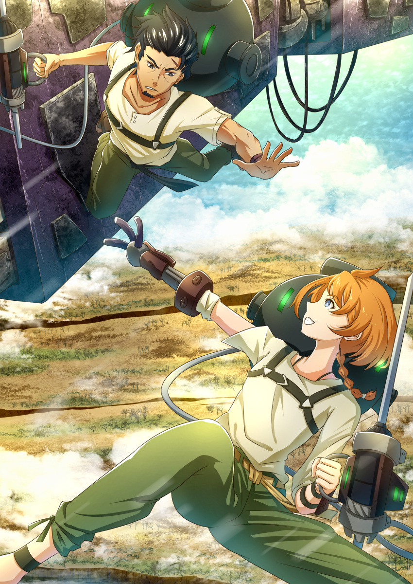 1boy absurdres bad_leg black_hair blue_eyes braid braided_ponytail clenched_hand commentary decadence_(anime) english_commentary female green_pants highres holding holding_weapon kaburagi_(decadence) midair military military_vehicle motor_vehicle natsume_(decadence) orange_hair outdoors outstretched_arm outstretched_hand pants prosthesis prosthetic_arm scar shirt short_hair smile tank weapon white_shirt wristband zephx