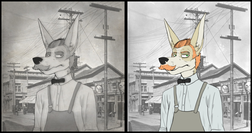 1900s anthro apron biped blonde_hair bow_tie canid canine canis clothed clothing dardanus_(foxmusk) facial_hair facial_markings fox foxmusk fur hair head_markings historical long_ears looking_at_viewer male mammal markings mature_male moustache photo_background photography_(artwork) solo