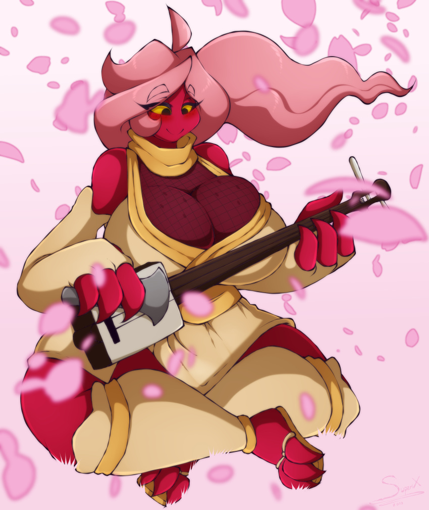 2019 absurd_res artist_name big_breasts blush breast_squish breasts cleavage clothed clothing curvy_figure digital_media_(artwork) dot_eyes dress eyelashes feet female fingers fishnet_clothing footwear hair hi_res huge_breasts humanoid kyoob_(thegentlebro) long_hair mimic musical_instrument not_furry petals pink_hair red_body red_skin sandals signature simple_background simple_eyes sitting smile solo squish superix toes voluptuous yellow_sclera