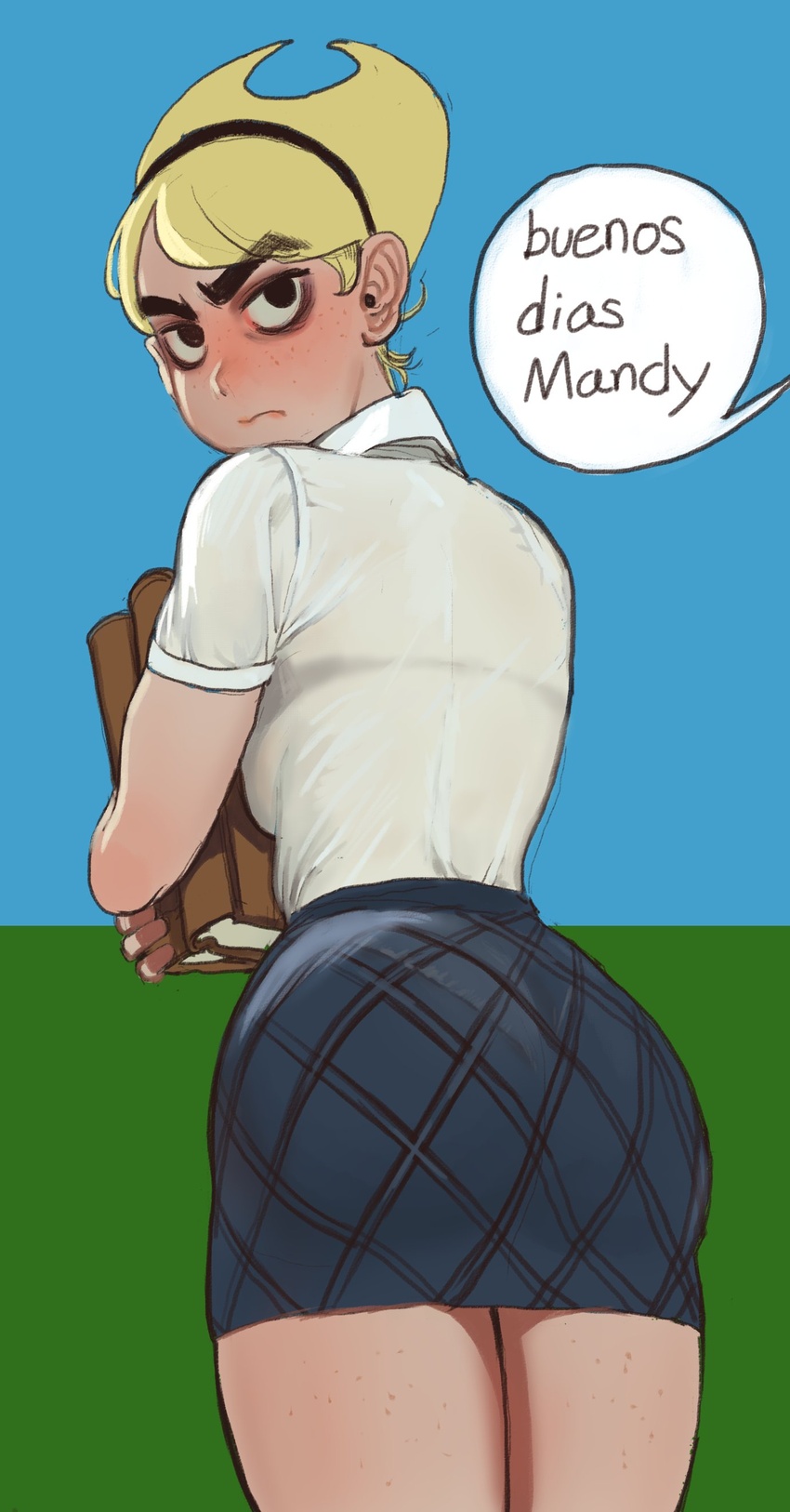 absurdres ass black_eyes blonde_hair blue_skirt book buenos_dias_mandy_(meme) closed_mouth commentary cowboy_shot earrings female freckles from_behind frown highres holding holding_book jewelry looking_at_viewer looking_back mandy_(grim_adventures) meme miniskirt mossacannibalis shirt short_hair skirt solo spanish_commentary spanish_text standing the_grim_adventures_of_billy_&_mandy thick_eyebrows translated white_shirt