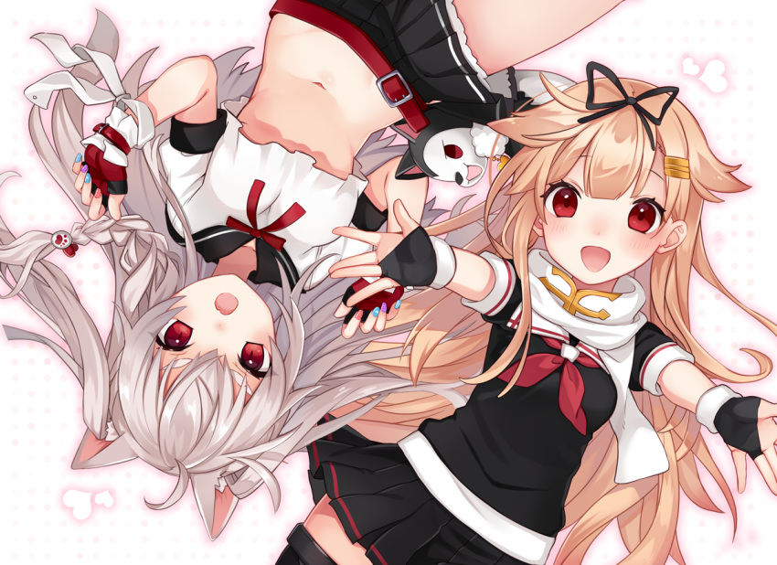 2girls animal animal_ears azur_lane blonde_hair blush braids canine crossover doggirl gloves gray_hair heart kantai_collection long_hair navel oerba_yun_fang orqz red_eyes scarf school_uniform skirt thighhighs white yuudachi_(azur_lane) yuudachi_(kancolle) zettai_ryouiki