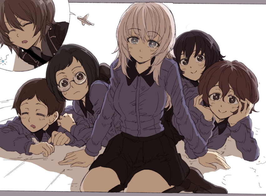 6+girls aircraft airplane akaboshi_koume black_eyes black_footwear black_hair black_jacket black_skirt black_socks blue_eyes bonkara_(sokuseki_maou) brown_eyes brown_hair closed_eyes closed_mouth dress_shirt frown girls_und_panzer glasses grey_shirt head_rest hida_ema highres itsumi_erika jacket katsuya_megu kojima_emi kuromorimine_school_uniform loafers long_sleeves looking_at_viewer lying medium_hair military military_uniform miniskirt multiple_girls niedersachsen_military_uniform nishizumi_maho on_stomach pleated_skirt round_eyewear saliva school_uniform shirt shoes short_hair sitting skirt sleeping sleepy smile socks sweatdrop swept_bangs uniform very_short_hair wavy_hair white_hair wing_collar yokozuwari