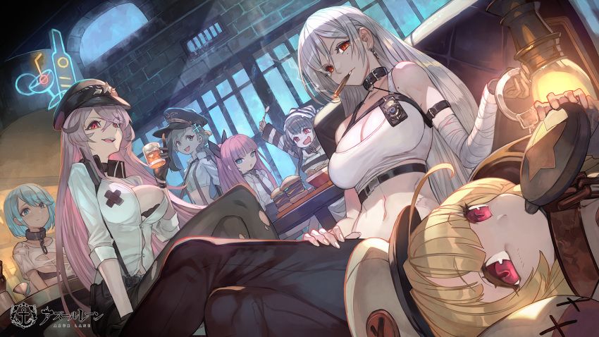 6+girls azur_lane bandaged_arm bandages bare_shoulders black_bra black_choker black_gloves black_hair black_pants blonde_hair blue_eyes blue_hair blush bra breasts chains chapayev_(azur_lane) chapayev_(the_captive_cavalier)_(azur_lane) chest_strap choker cleavage collar commentary_request crop_top cuffs gangut_(azur_lane) gangut_(imposing_warden)_(azur_lane) gloves grey_hair grozny_(azur_lane) grozny_(bad_bunny_behind_bars)_(azur_lane) hair_between_eyes hair_ribbon hat highres lack large_breasts long_hair long_sleeves looking_at_viewer lying midriff minsk_(azur_lane) minsk_(thunderous_jailor)_(azur_lane) mole mole_on_breast mole_under_eye multiple_girls navel official_alternate_costume official_art open_mouth pamiat_merkuria_(azur_lane) pamiat_merkuria_(caged_minx)_(azur_lane) pants pantyhose ponytail prison prison_clothes purple_eyes purple_hair red_eyes ribbon shackles shirt short_hair short_sleeves sitting sleeveless sleeveless_shirt smile sovetskaya_rossiya_(azur_lane) sovetskaya_rossiya_(the_lackadaisical_lookout)_(azur_lane) striped_clothes striped_headwear striped_shirt suspenders tashkent_(azur_lane) tashkent_(the_bound_cruiser)_(azur_lane) torn_clothes torn_shirt underwear very_long_hair white_headwear white_shirt