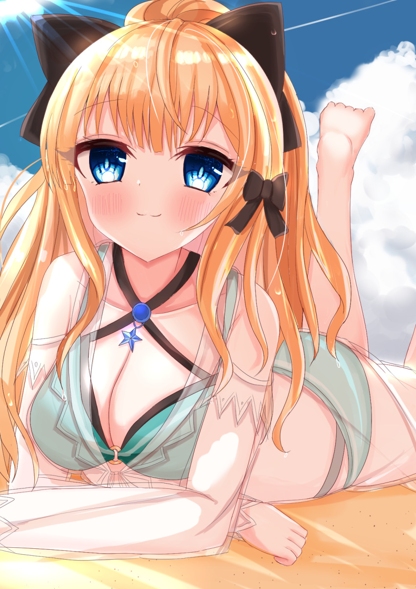 bad_id bad_pixiv_id bikini black_bow blonde_hair blue_eyes blush bow breasts closed_mouth elf female flower hair_flower hair_ornament hairbow highres imono_y large_breasts long_hair looking_at_viewer pointy_ears ponytail princess_connect! saren_(princess_connect!) saren_(summer)_(princess_connect!) smile solo swimsuit