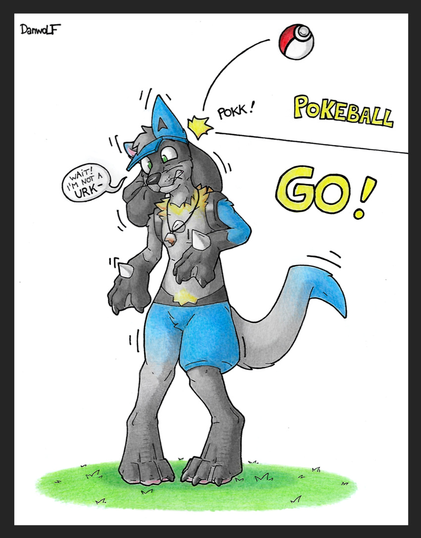 anthro black_border border canid canine canis danwolf15 domestic_dog generation_4_pokemon hi_res lucario male mammal mustelid nintendo otter pokeball pokemon pokemon_(species) solo species_transformation standard_pokeball transformation transformation_by_pokeball verbal_reaction_to_tf