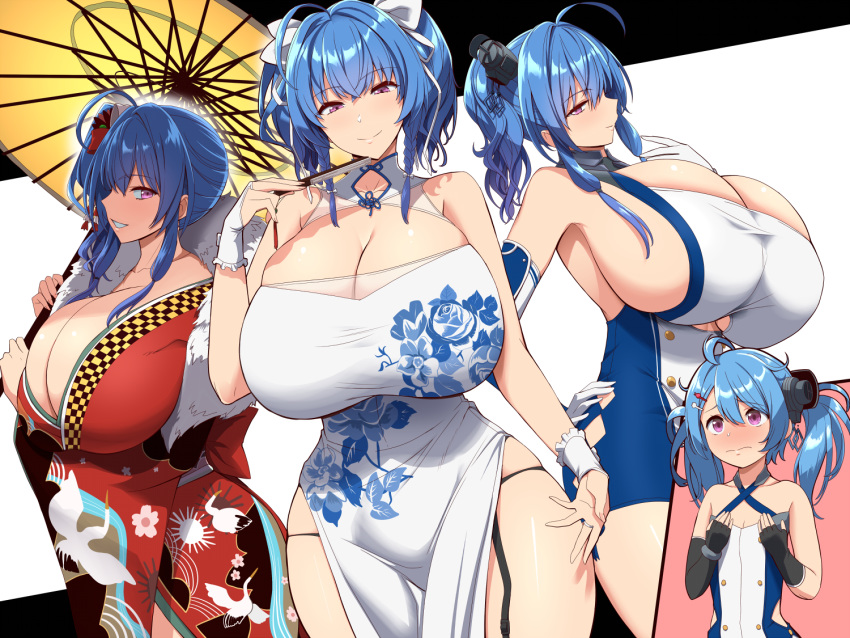 2girls aged_down ahoge alternate_breast_size aunt_and_niece azur_lane blue_hair blush breast_envy breasts china_dress chinese_clothes cleavage closed_mouth commentary_request curvy dress dual_persona flat_chest gigantic_breasts gloves hands_on_own_chest helena_(azur_lane) japanese_clothes kimono kloah lena_(azur_lane) long_hair looking_at_viewer multiple_girls official_alternate_costume open_mouth ponytail purple_eyes ribbon shiny_skin side_ponytail smile st._louis_(azur_lane) st._louis_(blue_and_white_pottery)_(azur_lane) st._louis_(spirits_in_the_snow)_(azur_lane) thick_thighs thighs tied_hair tight_clothes twintails umbrella white_gloves white_ribbon wide_hips