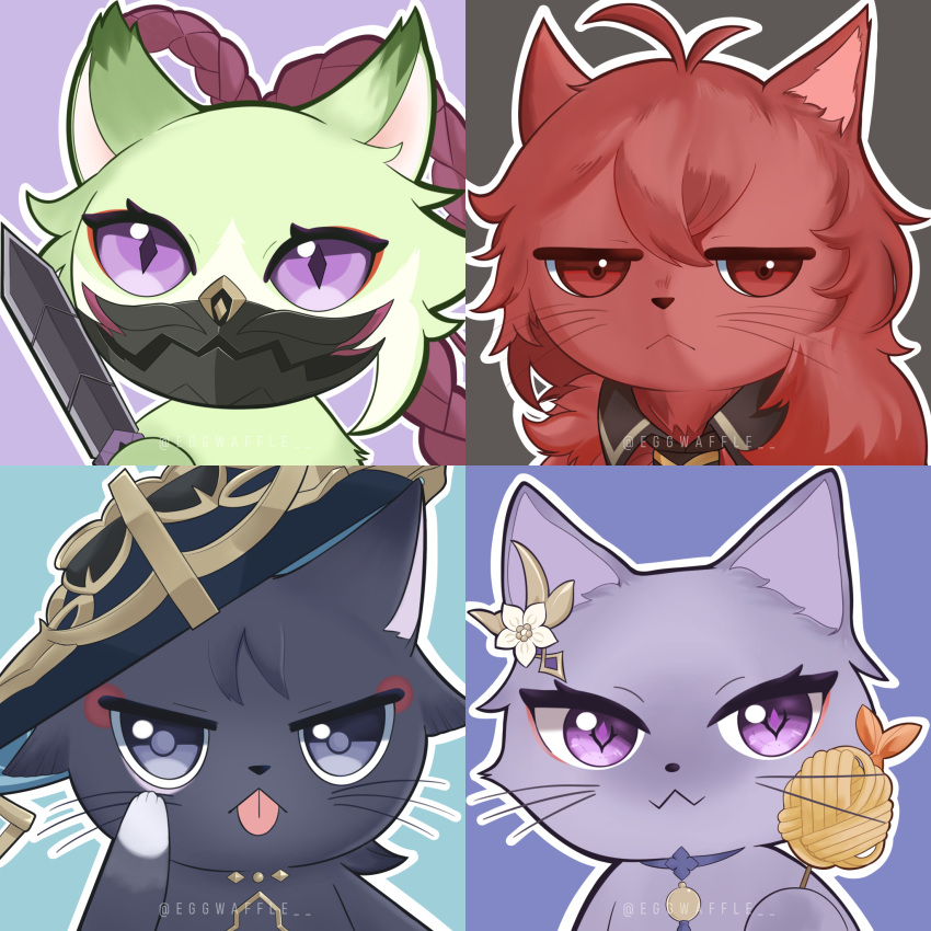 :< :3 :p animalization antenna_hair black_background blue_background blue_eyes blue_headwear choker commentary_request dagger diluc_(cat)_(genshin_impact) diluc_(genshin_impact) eyeshadow feline food genshin_impact golden_shrimp_balls_(genshin_impact) hair_ornament hand_up highres holding holding_dagger holding_food holding_knife holding_weapon jitome keqing_(genshin_impact) knife kuki_shinobu kwek_kwek looking_at_viewer makeup mask mouth_mask no_humans purple_background purple_choker purple_eyes red_eyes scaramouche_(cat)_(genshin_impact) scaramouche_(genshin_impact) tongue tongue_out upper_body wanderer_(genshin_impact) weapon whiskers