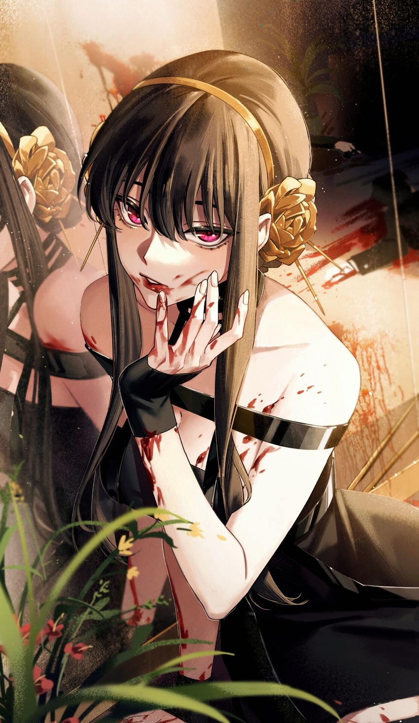 arm_support bare_shoulders black_dress black_gloves black_hair blood blood_on_chest blood_on_face blood_on_hands breasts cleavage collarbone commentary corpse dress dutch_angle female fingerless_gloves flower gloves gold_hairband hair_between_eyes hair_flower hair_ornament hairband hand_up highres looking_at_viewer medium_breasts mirror off-shoulder_dress off_shoulder parted_lips pink_hair plant red_lips reflection rose short_hair_with_long_locks sidelocks sitting solo spy_x_family symbol-only_commentary upper_body xxlsid48 yor_briar