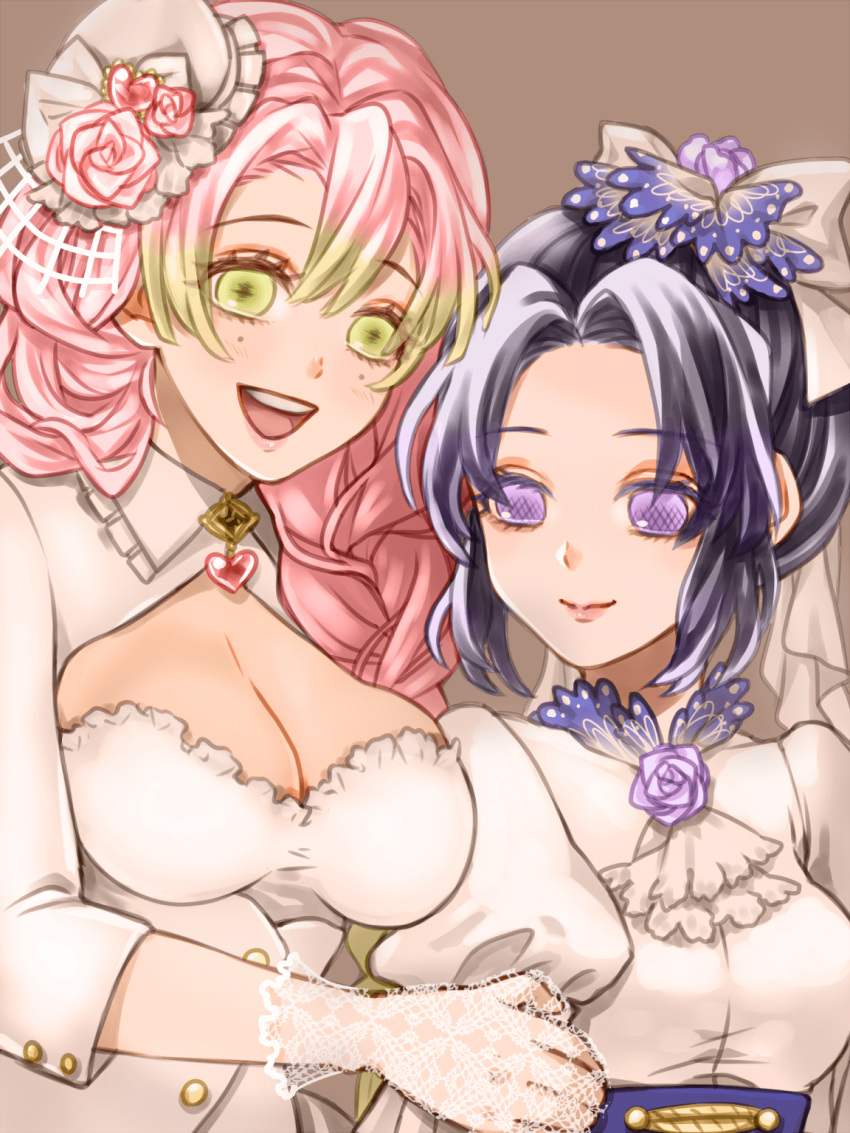 2girls black_hair bow braid breasts cleavage commentary_request dress flower gloves gradient_hair green_eyes hair_flower hair_ornament heart highres kanroji_mitsuri kimetsu_no_yaiba kochou_shinobu lace lace_gloves lips looking_at_viewer medium_breasts mole mole_under_eye multicolored_hair multiple_girls open_mouth pink_hair purple_eyes sidelocks teeth tsuto twin_braids upper_body wedding_dress