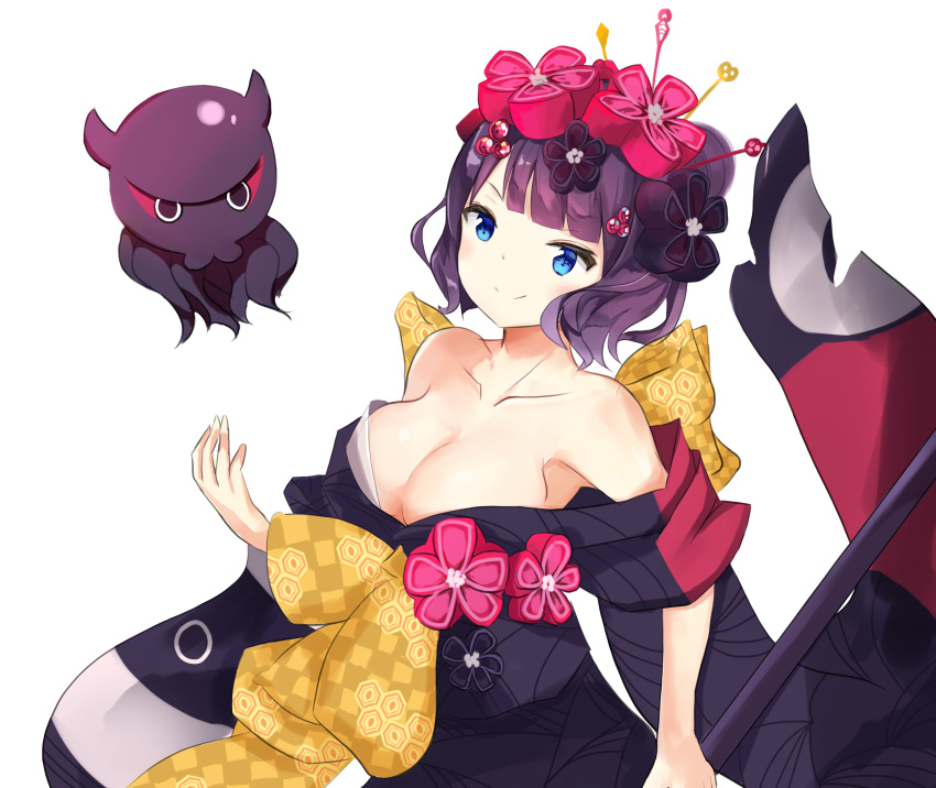 absurdres bare_shoulders blue_eyes blush breasts collarbone commentary_request fate/grand_order fate_(series) female flower hair_flower hair_ornament highres japanese_clothes katsushika_hokusai_(fate) kimono large_breasts looking_at_viewer octopus purple_hair short_hair simple_background smile tokitarou_(fate) white_background yukaa