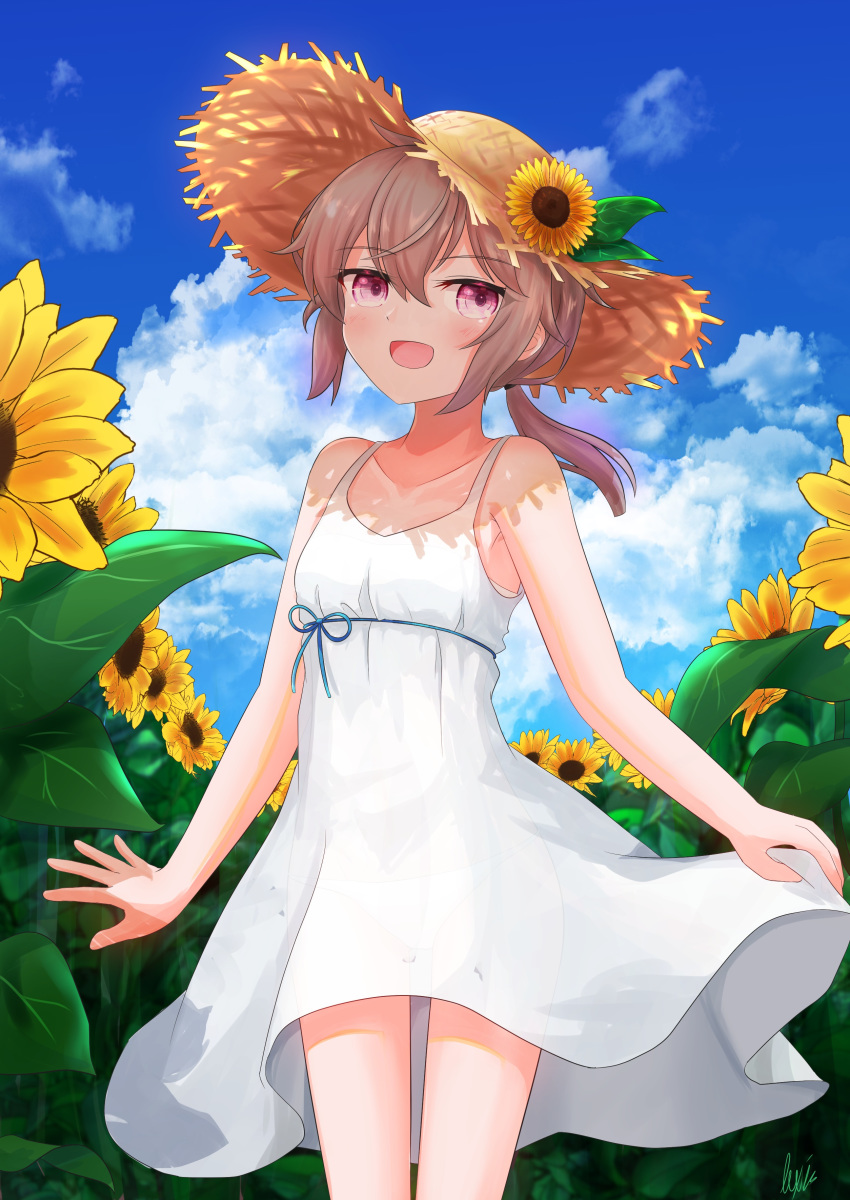 absurdres blue_sky blush cloud cloudy_sky day dress female flower flower_ornament girls'_frontline hat hat_flower highres lexis_yayoi light_purple_hair looking_at_viewer low_ponytail m200_(girls'_frontline) open_mouth outdoors panties ponytail purple_eyes see-through shadow sky smile solo standing straw_hat sun_hat sundress sunflower underwear white_dress