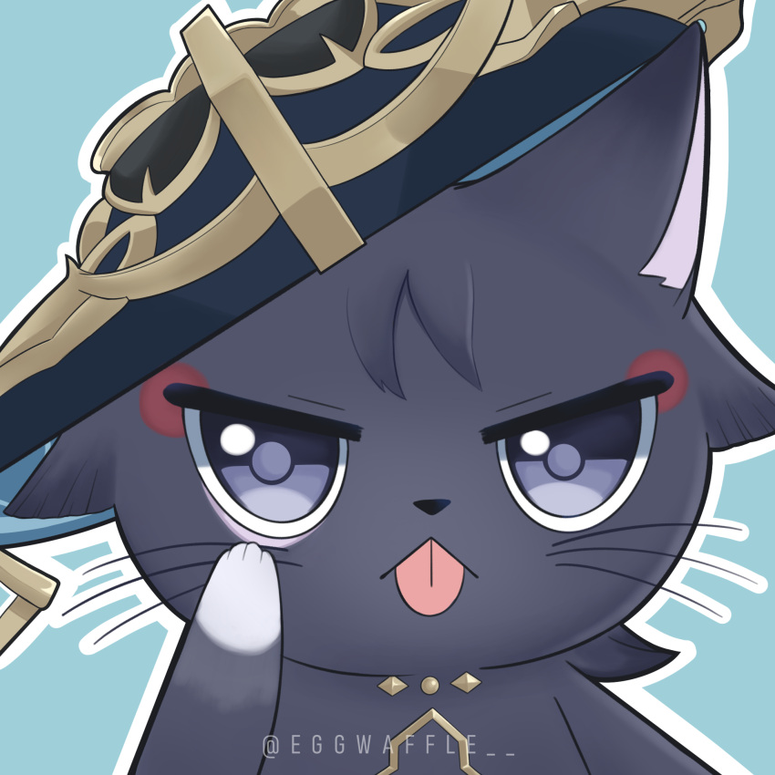 :< :p animalization blue_background blue_eyes blue_headwear commentary_request feline genshin_impact hand_up highres kwek_kwek looking_at_viewer no_humans scaramouche_(cat)_(genshin_impact) scaramouche_(genshin_impact) simple_background tongue tongue_out upper_body wanderer_(genshin_impact) whiskers