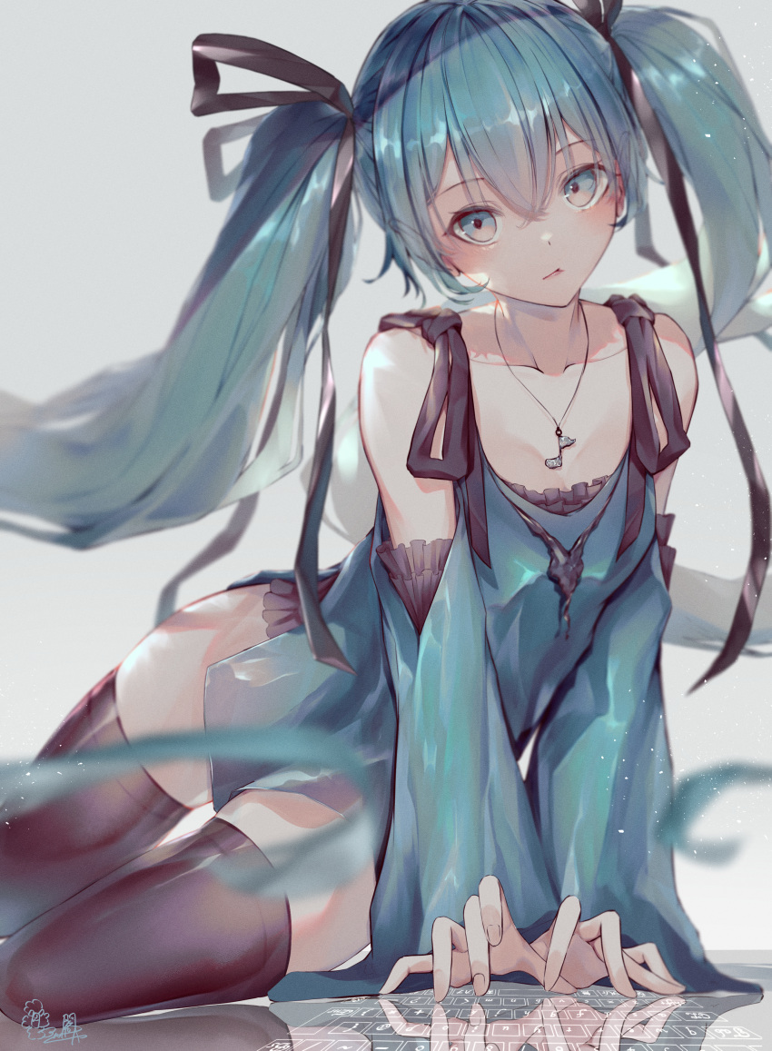 absurdres alpakakkax2 black_ribbon black_thighhighs blue_dress blue_eyes blue_hair closed_mouth clothing_cutout collarbone dress female hair_between_eyes hair_ribbon hatsune_miku highres jewelry long_hair looking_at_viewer necklace ribbon shiny_clothes shiny_legwear short_dress shoulder_cutout side_slit solo thighhighs twintails very_long_hair vocaloid