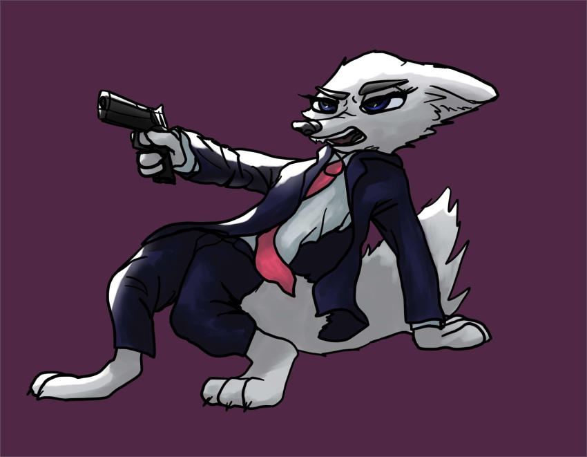 anthro arctic_fox barefoot biped blue_eyes canid canine clothed clothing disney famished_(artist) fangs feet female fox fur gun hi_res holding_gun holding_object holding_ranged_weapon holding_weapon mammal necktie open_mouth ranged_weapon simple_background skye_(zootopia) snarling solo suit teeth true_fox weapon white_body white_fur zootopia