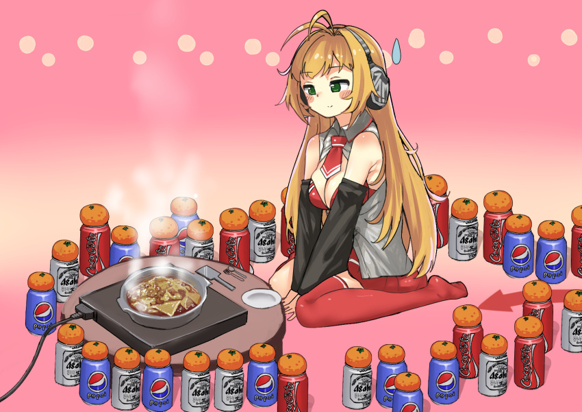 ahoge alcohol antenna_hair asahi_breweries bare_shoulders beer beer_can between_legs black_sleeves blonde_hair blush_stickers breasts cable can cleavage closed_mouth coca-cola commentary detached_sleeves drink_can electric_plug female food fork fruit full_body gradient_background green_eyes grey_shirt half-closed_eyes hand_between_legs headphones highres hot_plate long_hair long_sleeves looking_down mandarin_orange medium_breasts microa miniskirt necktie orange_(fruit) pepsi plate red_necktie red_skirt red_thighhighs shirt short_necktie shoulder_blush single_horizontal_stripe single_thighhigh sitting skirt sleeveless sleeveless_shirt smile soda_can solo spatula split_mouth spoon steam sweatdrop table thighhighs tsurumaki_maki v_arms voiceroid wariza zettai_ryouiki