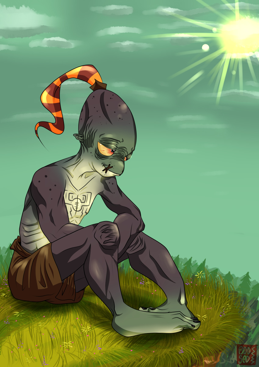 2014 abe_(oddworld) absurd_res alien alien_humanoid bottomwear chest_tattoo cliff_side clothed clothing digital_drawing_(artwork) digital_media_(artwork) feet fingers grass green_body hair hi_res humanoid humanoid_pointy_ears light male mammal mudokon multicolored_body not_furry oddsod oddworld orange_eyes plant purple_body sewn_mouth simple_background sitting sky smile solo sunlight tattoo toes topless tree two_tone_body yellow_sclera