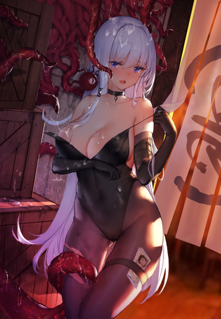 absurdres alternate_costume arm_under_breasts ass_visible_through_thighs azur_lane bare_shoulders black_gloves black_leotard blue_eyes blush box breast_hold breasts broken broken_chain chains cleavage collar covered_navel elbow_gloves female gloves highleg highleg_leotard highres illustrious_(azur_lane) indoors large_breasts leotard long_hair metal_collar money open_mouth pantyhose pound_sign solo swd3e2 tentacle thigh_gap thigh_grab thigh_strap torn_clothes torn_pantyhose very_long_hair white_hair