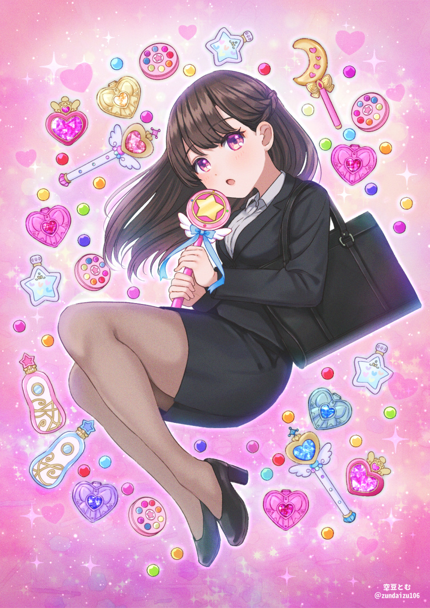 :o artist_name bag black_bag black_footwear black_hair black_jacket black_pantyhose blush breasts collared_shirt commentary_request female formal full_body gem heart high_heels highres holding holding_staff jacket long_hair long_sleeves looking_at_viewer medium_breasts multicolored_background office_lady open_mouth original pantyhose pencil_skirt pink_background pink_eyes shirt shoes shoulder_bag skirt skirt_suit solo soramame_tomu sparkle sparkle_background staff star_(symbol) star_in_eye suit symbol_in_eye wand white_shirt wing_collar winged_wand