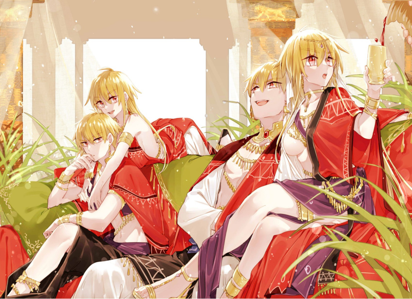 2boys 2girls 88_(einnimnech) armband bare_shoulders blonde_hair breasts choker cleavage collarbone commentary_request cup dual_persona earrings eyes_visible_through_hair fate/stay_night fate_(series) gem genderswap_(mtf) gilgamesh_(fate) gilgamesh_(sumerian_garb)_(fate) gold hair_between_eyes highres jewelry looking_at_viewer medium_breasts multiple_boys multiple_girls navel official_alternate_costume open_mouth red_eyes rule_63 sitting sleeveless stomach teeth tongue