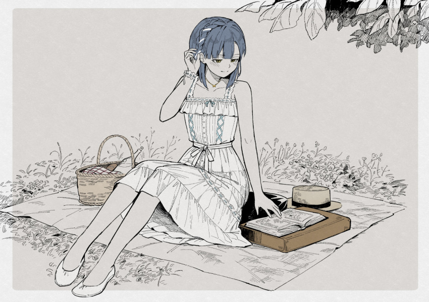 bad_id bad_pixiv_id bare_shoulders blanket blue_hair book border braid butterfly_necklace collarbone dress female flats hair_ribbon hand_in_own_hair hat hinoshita_akame idolmaster idolmaster_million_live! jewelry medium_hair monochrome nanao_yuriko necklace picnic picnic_basket plant reading ribbon ribbon_braid sitting solo straw_hat sundress tied_dress wristband yellow_eyes