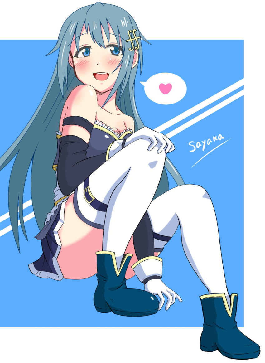 alternate_hair_length alternate_hairstyle bare_shoulders between_legs blue_background blue_eyes blue_footwear blue_hair blush border breasts character_name cleavage collarbone detached_sleeves female fortissimo frilled_shirt frills gloves hair_ornament hand_between_legs heart highres legs long_hair looking_at_viewer magical_girl mahou_shoujo_madoka_magica mahou_shoujo_madoka_magica_(anime) mahou_shoujo_madoka_magica_movie_1_&_2 miki_sayaka miki_sayaka_(magical_girl) musical_note musical_note_hair_ornament shirt smile solo spoken_heart tanuki_(naito7110) thighhighs thighs white_border white_gloves white_thighhighs