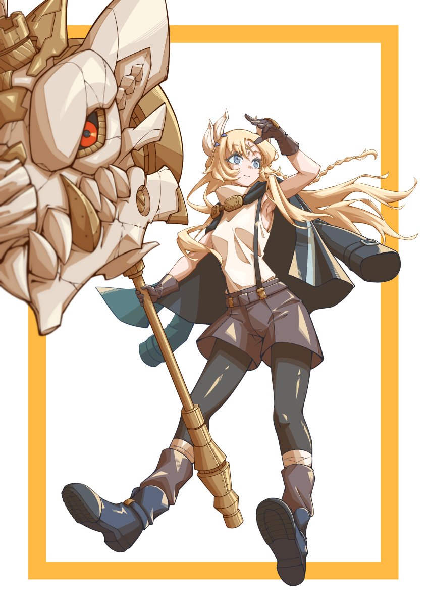 absurdres arm_up black_sclera blonde_hair boots braid brown_gloves colored_sclera duel_monster ecclesia_(yu-gi-oh!) facial_mark fake_horns female floating_hair forehead_mark full_body gloves grey_eyes hammer highres holding holding_hammer horns incredible_ecclesia_the_virtuous jacket jacket_on_shoulders long_hair maple_(maple_alt) pantyhose red_eyes shirt shorts skull sleeveless sleeveless_shirt solo suspender_shorts suspenders yu-gi-oh!