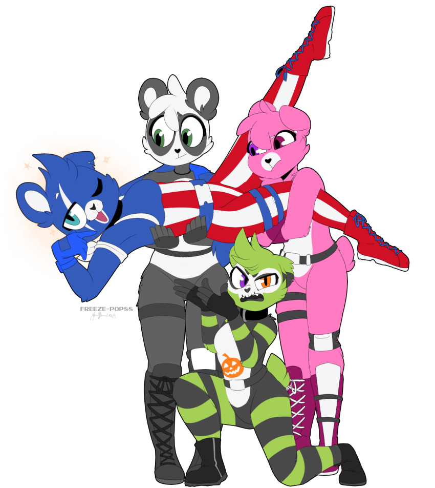 alpha_channel anthro bear breasts clothed clothing cuddle_team_leader epic_games featureless_crotch female fireworks_team_leader fortnite freeze-pop88 giant_panda group heterochromia hi_res looking_at_viewer mammal mostly_nude one_eye_closed panda_team_leader simple_background spooky_team_leader transparent_background wink