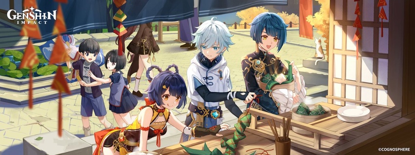 3girls 4boys :p belt black_hair black_shorts blue_eyes blue_hair blush bow breasts china_dress chinese_clothes chongyun_(genshin_impact) dragon_boat_festival dress feline food food-themed_hair_ornament frilled_sleeves frills genshin_impact hair_ornament hair_rings hu_tao_(genshin_impact) light_blue_hair long_hair long_sleeves looking_at_another looking_down multiple_boys multiple_girls official_art open_mouth orange_bow orange_eyes orange_hair_ornament outdoors second-party_source short_hair short_sleeves shorts small_breasts smile tassel tongue tongue_out vision_(genshin_impact) wide_sleeves xiangling_(genshin_impact) xingqiu_(genshin_impact) yellow_eyes zongzi