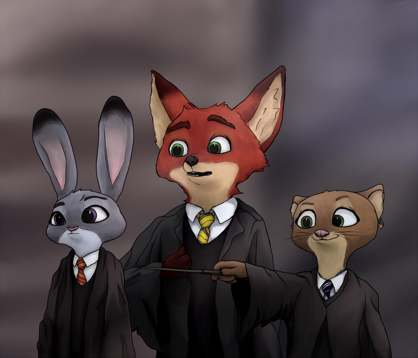 anthro brown_body brown_fur canid canine clothing crossover dipstick_ears disney ear_markings ear_piercing ear_ring famished_(artist) female fox fur green_eyes grey_body grey_fur group harry_potter_(series) hi_res holding_object judy_hopps kris_(zootopia) lagomorph leporid long_ears male mammal multicolored_body multicolored_ears multicolored_fur mustelid necktie nick_wilde open_mouth orange_body orange_fur otter parody piercing purple_eyes rabbit ring_piercing robe size_difference smile two_tone_body two_tone_fur wand whiskers zootopia