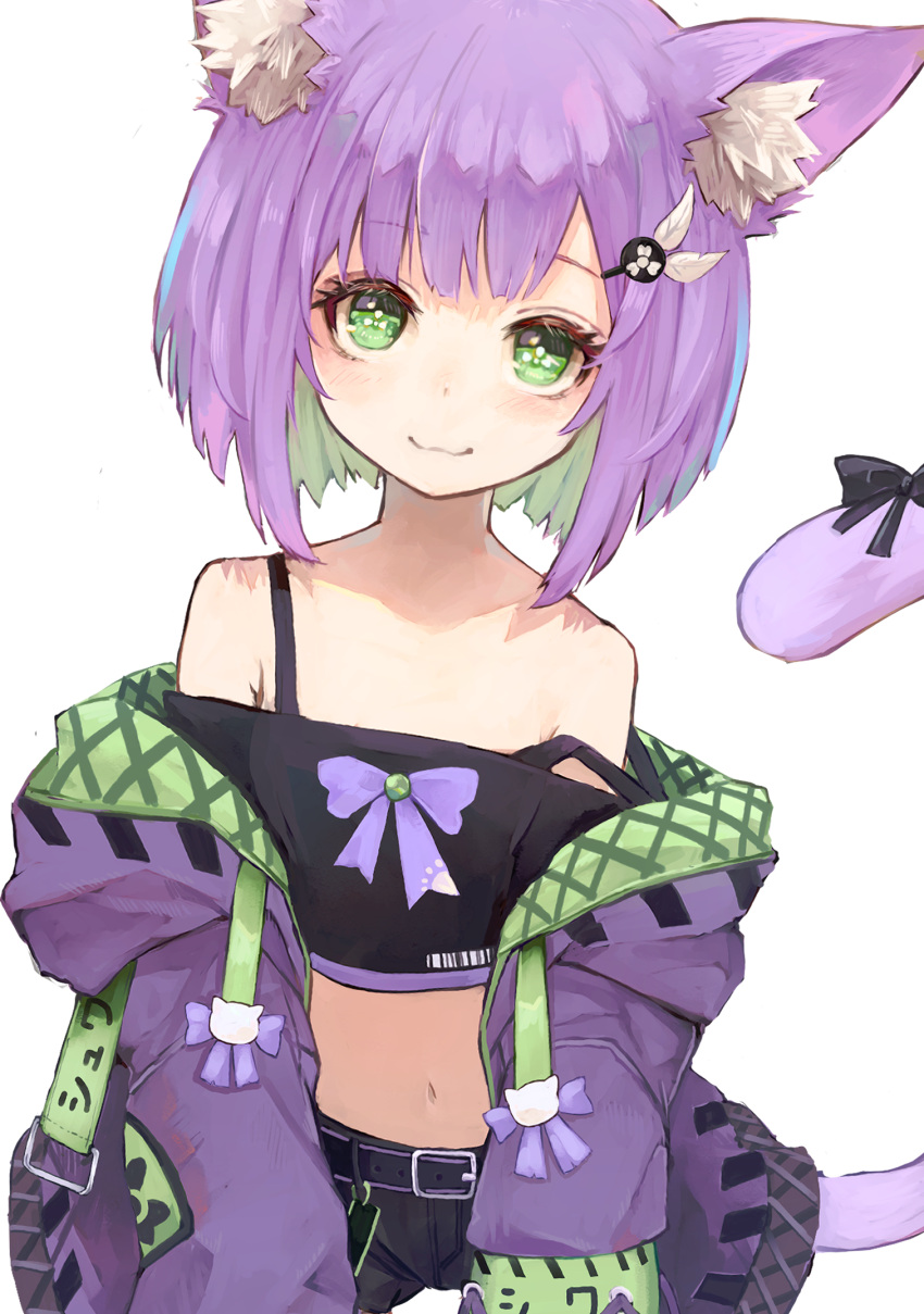 :3 animal_ear_fluff animal_ears bare_shoulders black_shorts black_tank_top blush cat_ears cat_girl cat_tail closed_mouth colored_inner_hair commission crop_top cropped_shirt female flat_chest green_eyes green_hair highres indie_virtual_youtuber jacket jacket_partially_removed looking_at_viewer medium_hair midriff multicolored_hair navel nyucha off-shoulder_shirt off_shoulder purple_hair purple_jacket ribbon shirt shorts shwaa simple_background skeb_commission smile solo strap_slip symbol-shaped_pupils tail tail_ornament tail_ribbon tank_top two-tone_hair undershirt virtual_youtuber