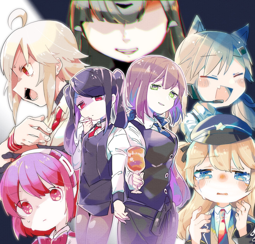 6+girls ahoge alternate_costume android animal_ears back-to-back bartender cat_ears cigarette closed_eyes crying cup dana_zane dorothy_haze drinking_glass girls'_frontline hat highres idw_(girls'_frontline) jill_stingray mercurows_(girls'_frontline) multiple_girls muratake_oumu nyto_(girls'_frontline) paradeus police_hat smoking springfield_(girls'_frontline) super-shorty_(girls'_frontline) va-11_hall-a wine_glass