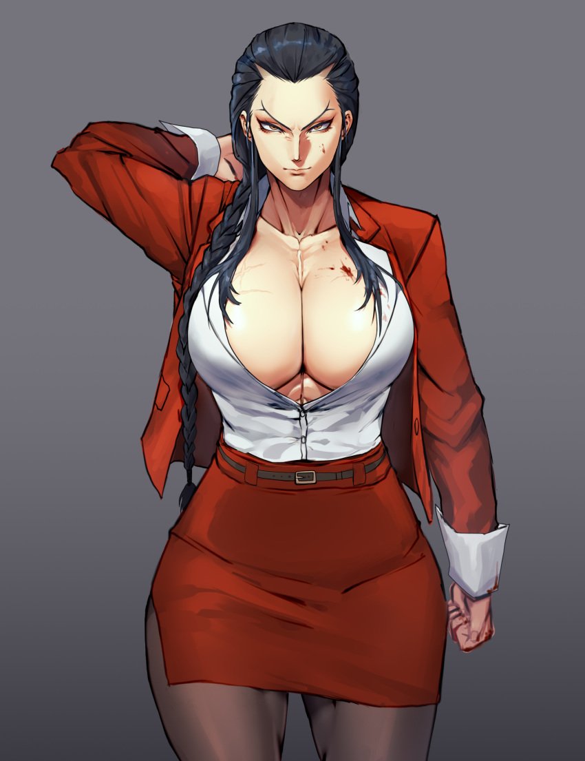 abs abs_peek arm_behind_head arm_up bad_id bad_twitter_id belt black_belt black_hair black_pantyhose blood blood_on_breasts blood_on_face braid breasts cleavage clenched_hand closed_mouth collarbone commentary_request cowboy_shot dress_shirt female feng_wei forehead genderswap_(mtf) gradient_background hair_over_shoulder hair_pulled_back high-waist_skirt highres houjoh_(7th-heaven) huge_breasts jacket long_braid looking_at_viewer miniskirt no_bra open_clothes open_shirt pantyhose pencil_skirt plunging_neckline red_jacket red_skirt rule_63 scar scar_on_chest shirt shirt_tucked_in side_slit sidelocks single_braid skirt solo standing tekken thick_thighs thighs tsurime unbuttoned white_shirt wrist_cuffs yellow_eyes you_gonna_get_raped