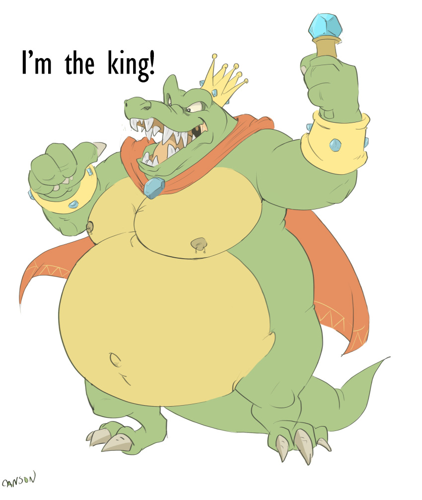 2021 3_toes 4_fingers absurd_res anthro areola belly biceps big_belly big_pecs biped black_eyes bracelet canson cape cape_only claws clothing crocodilian crown dialogue digital_media_(artwork) donkey_kong_(series) english_text fangs featureless_crotch feet finger_claws fingers flat_colors gem gesture green_body green_scales green_tail grey_claws hand_gesture headgear hi_res holding_object holding_staff jewelry k_rool king kremling male mostly_nude musclegut muscular muscular_anthro muscular_male navel nintendo nipple_piercing nipples non-mammal_nipples obese obese_anthro obese_male open_mouth outie_navel overweight overweight_anthro overweight_male pecs piercing pink_tongue pointing pointing_at_self reptile royalty scales scalie scepter sharp_teeth signature simple_background snout solo staff standing tail teeth text three-quarter_view toe_claws toes tongue uvula white_background yellow_areola yellow_nipples