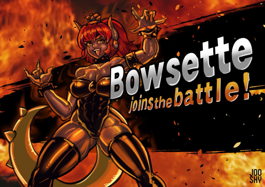 2018 2_horns abs alternate_species animal_humanoid bare_shoulders big_breasts black_clothing black_collar black_legwear black_thigh_highs blue_eyes bowser bowsette_meme bracelet breasts clothing collar crown devil_horns_(gesture) ear_piercing english_text female fire fire_background gesture hair hand_gesture headgear hi_res horn horned_humanoid human humanoid humanoidized jewelry jooshy koopa legwear looking_at_viewer mammal mario_bros meme mtf_crossgender muscular muscular_female nintendo open_mouth piercing red_hair reptile reptile_humanoid rule_63 scalie scalie_humanoid solo spiked_bracelet spiked_tail spikes spikes_(anatomy) super_crown super_smash_bros. tail text thick_thighs thigh_highs