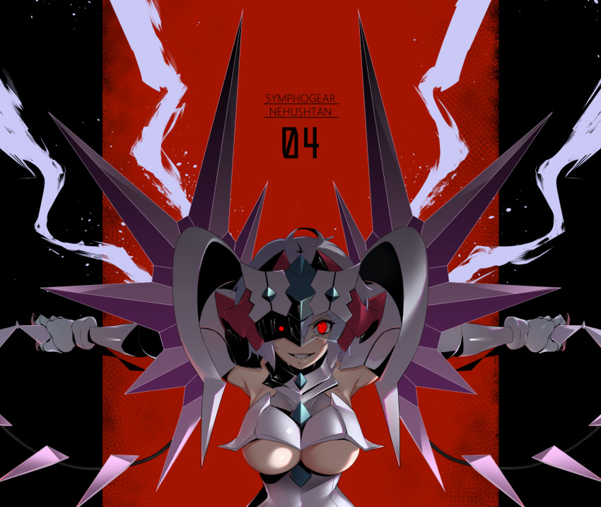 ahoge armor breasts clothing_cutout commentary_request female grin hal-bard highres large_breasts light_purple_hair looking_at_viewer low_twintails nefushutan_no_yoroi outstretched_arms parted_lips pauldrons red_eyes senki_zesshou_symphogear shoulder_armor shoulder_spikes smile solo spikes teeth twintails underboob_cutout visor whip yukine_chris