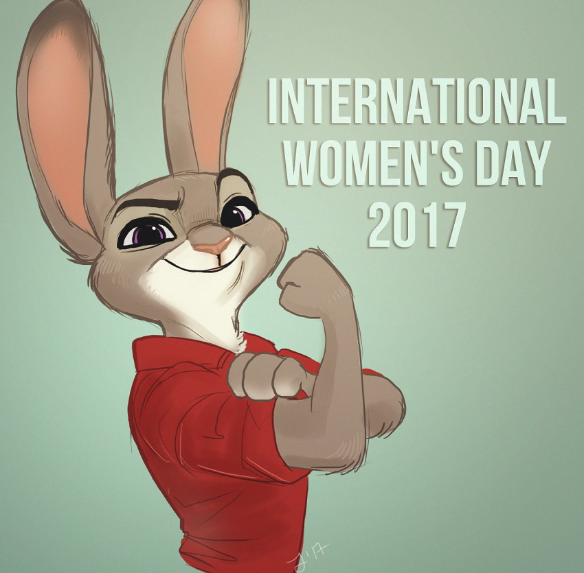 2017 anthro clothing disney ears_up english_text female fur grey_body grey_fur hi_res judy_hopps lagomorph leporid mammal purple_eyes rabbit ritwell rosie_the_riveter shirt simple_background solo text topwear we_can_do_it! zootopia