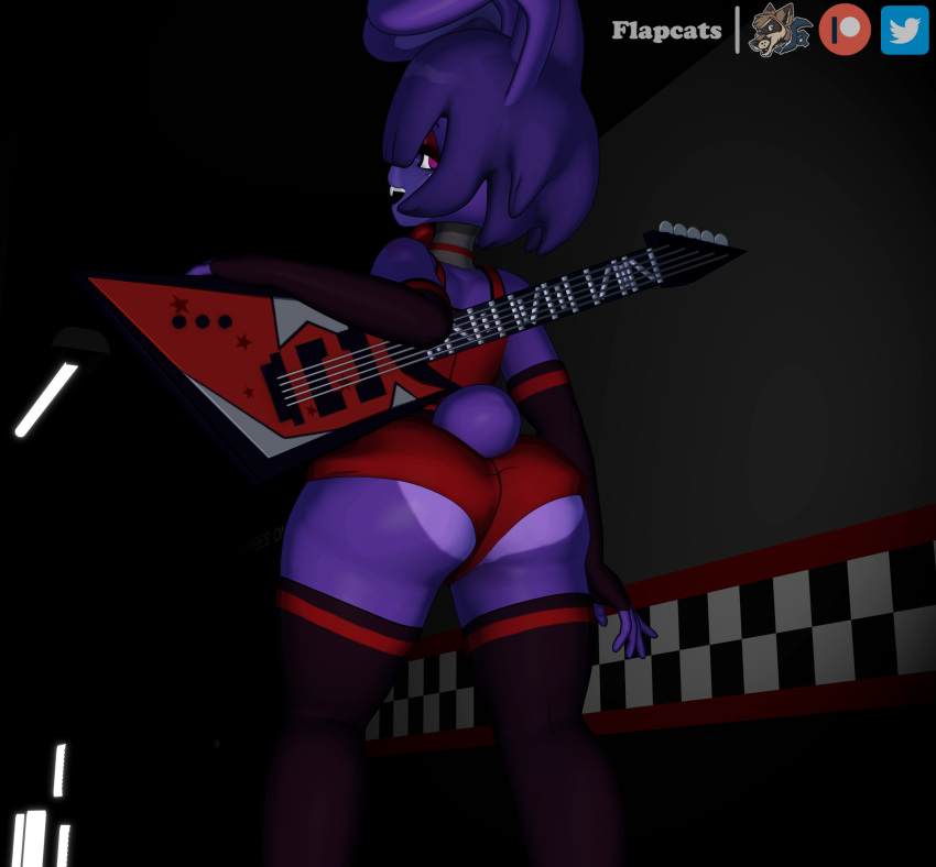 2021 3d_(artwork) animatronic armwear ass bonnie_(cally3d) bonnie_(fnaf) clothed clothing digital_media_(artwork) female five_nights_at_freddy's flapcats fredina's_nightclub fur guitar hair hi_res lagomorph legwear leporid looking_back machine mammal mtf_crossgender musical_instrument plucked_string_instrument purple_body purple_fur purple_hair rabbit robot rule_63 scottgames solo stockings string_instrument